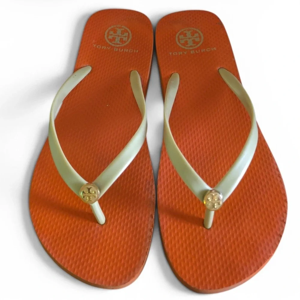 Tory Burch Womens Size 8 Khaki Fanta Orange Thin Flip Flops Sandals With Box